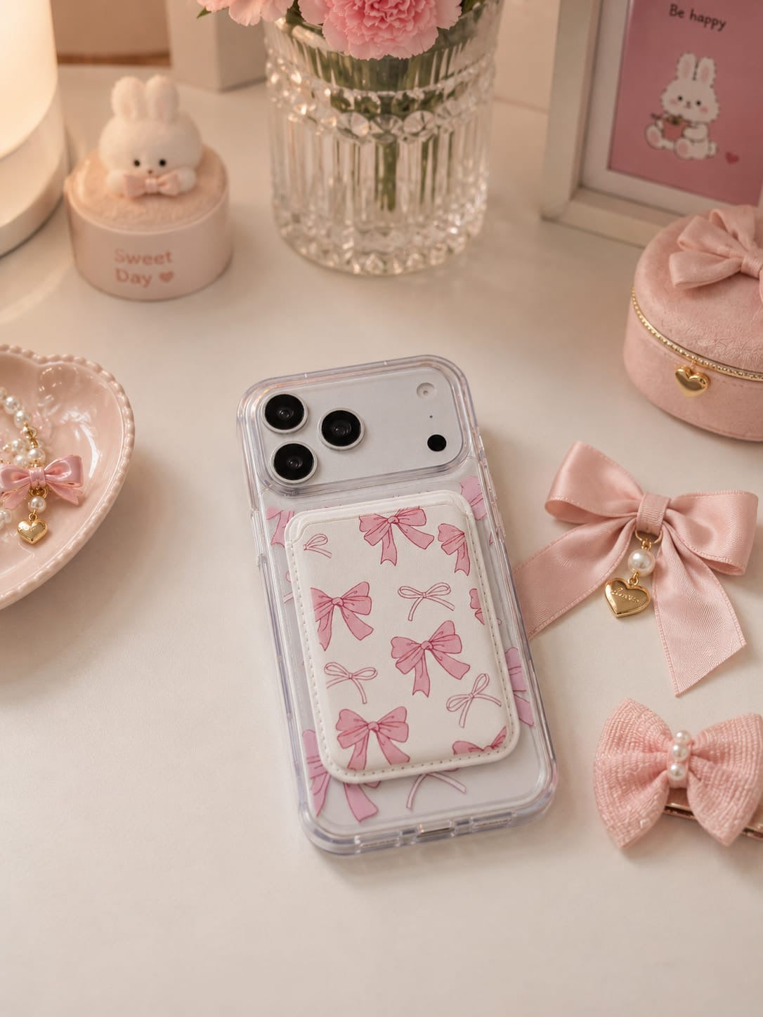 Pink Bow Clear iPhone Case with Magnetic Wallet Card Holder | Cute Stylish Phone Cover