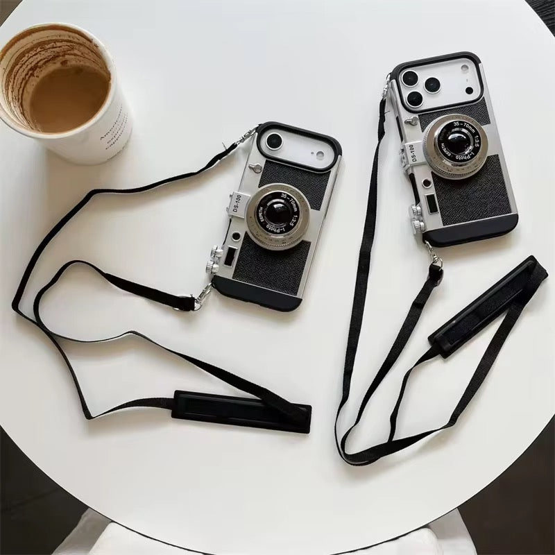 Retro Camera Design Phone Case with Lanyard Strap