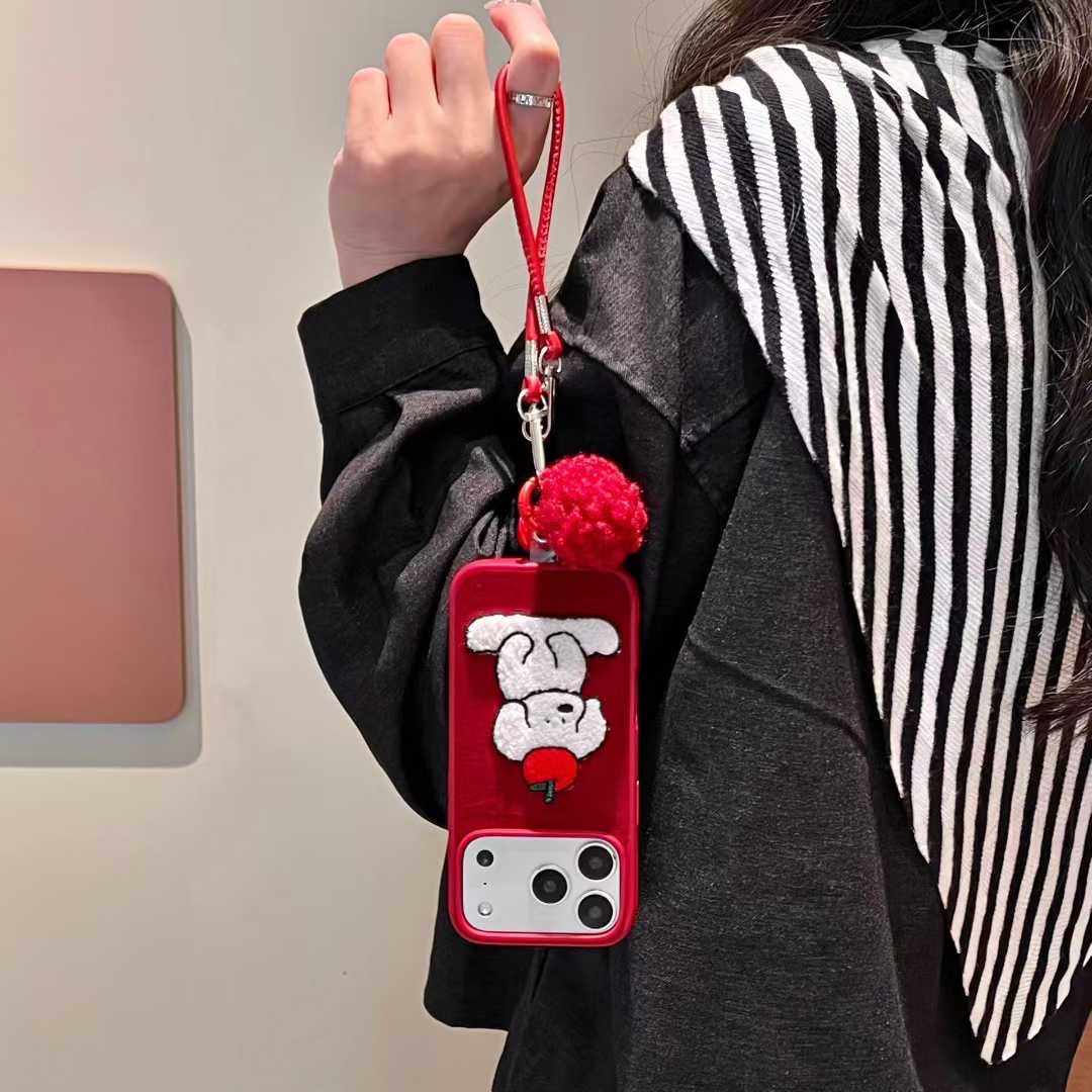 Cute Red Dog Phone Case with Apple Patch by Soft Grip and Wrist Strap