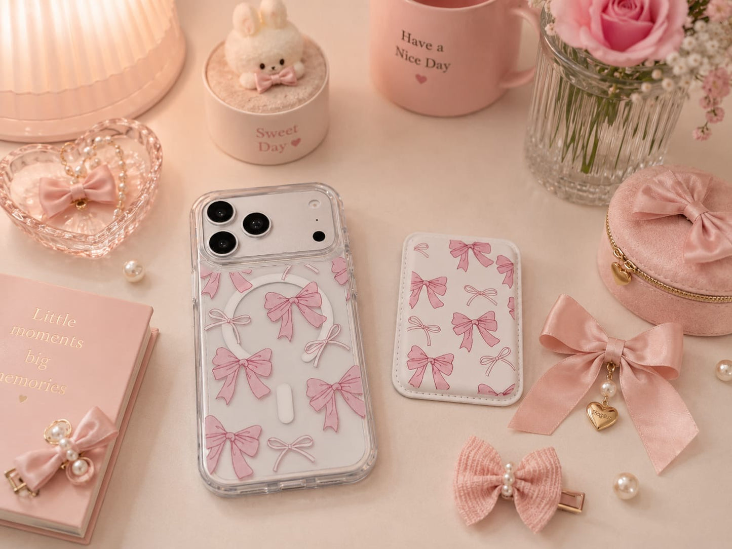 Pink Bow Clear iPhone Case with Magnetic Wallet Card Holder | Cute Stylish Phone Cover