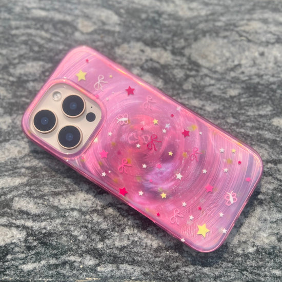 Cute Pink Galaxy Phone Case with Stars & Bows – Stylish Protective Cover