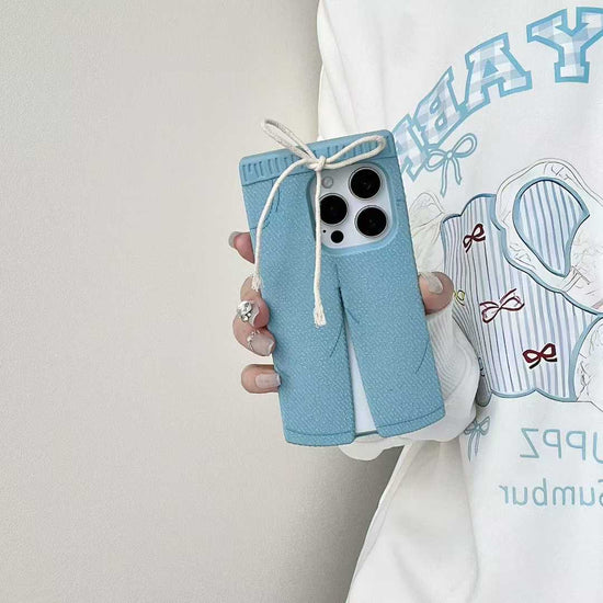 Trendy Blue Pants-Style Phone Case with Cute Drawstring Design