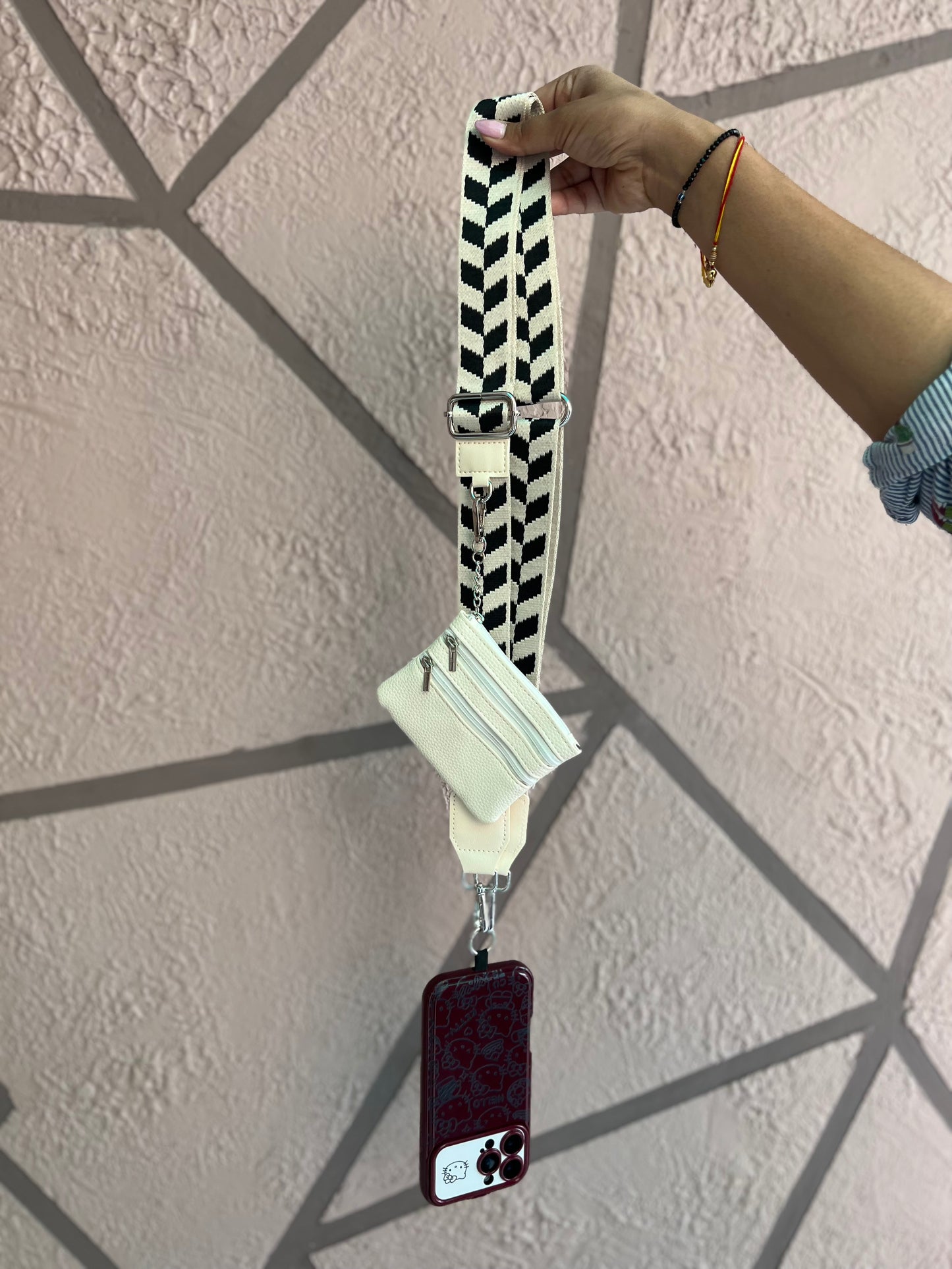 Black and White Pattern Crossbody Phone Belt with Small Zip Pocket
