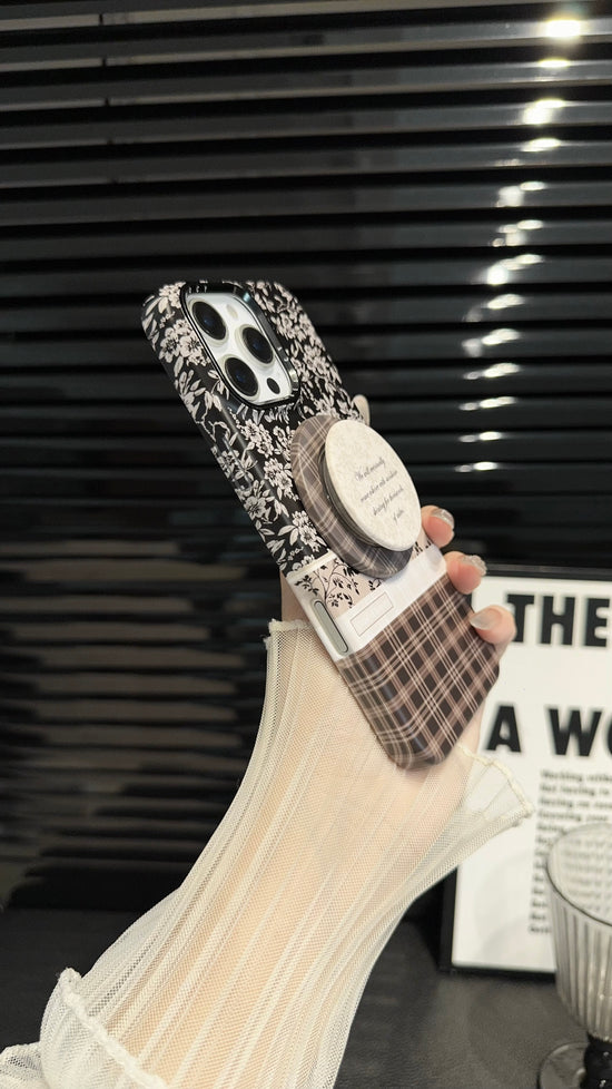 Brown Floral Plaid magnetic MagSafe iPhone Case – Soft Matte Cover with Grip Holder