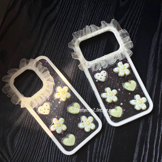 Ruffle Daisy Clear iPhone Case – Cute Heart Flower Glitter Phone Cover