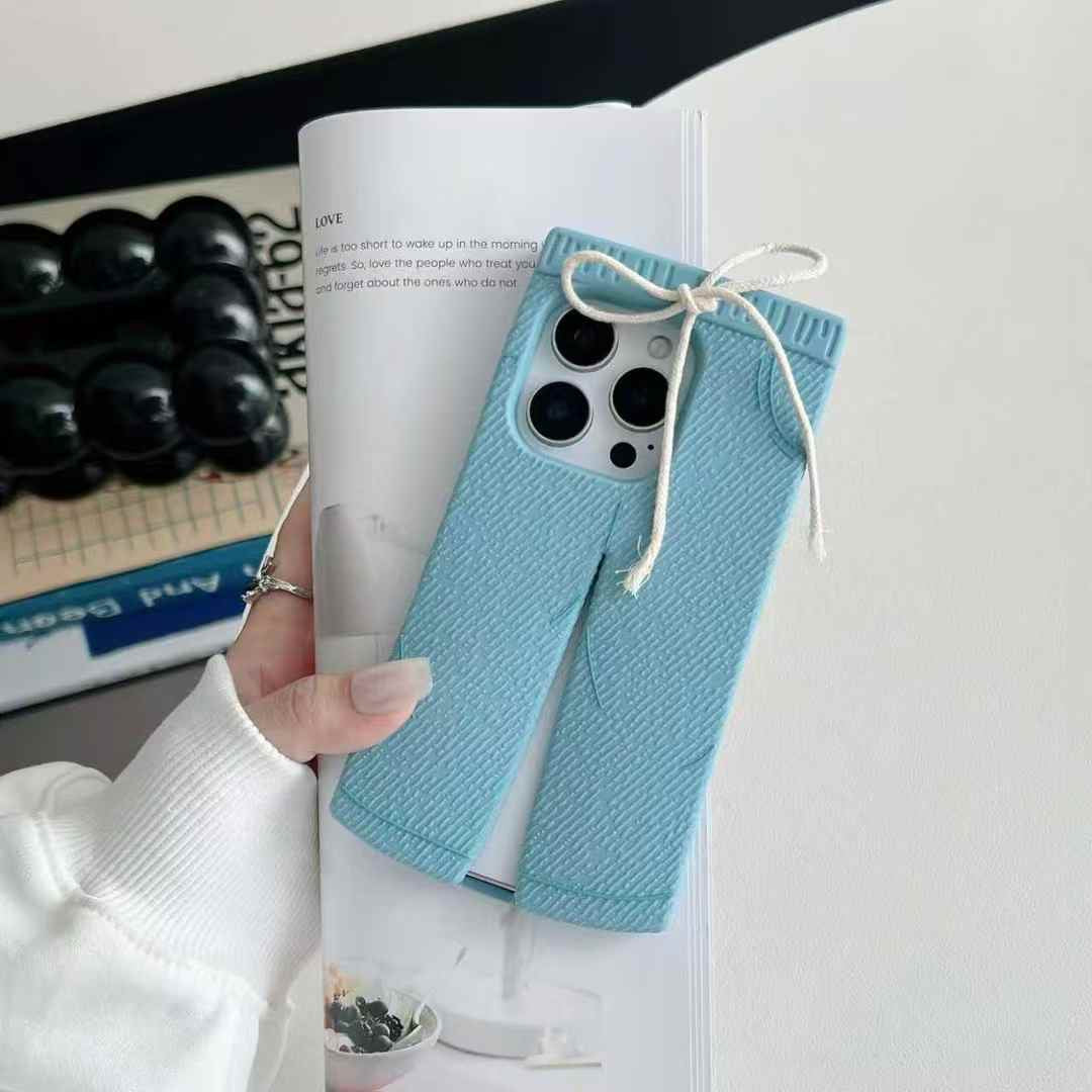 Trendy Blue Pants-Style Phone Case with Cute Drawstring Design