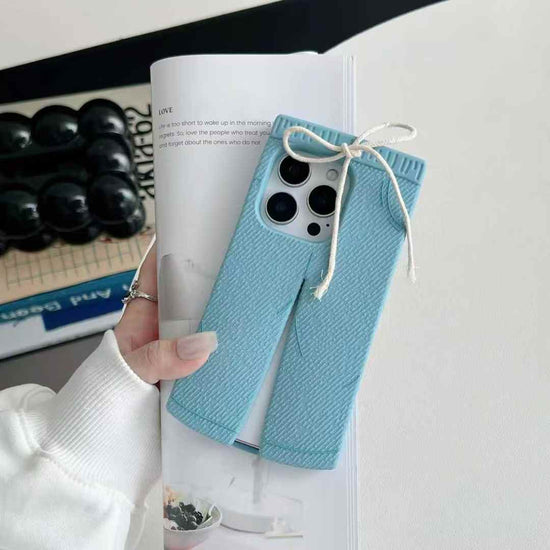 Trendy Blue Pants-Style Phone Case with Cute Drawstring Design
