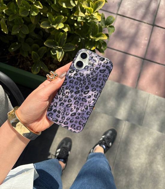 Purple Leopard Print iPhone Case with Charm Strap | Stylish Protective Phone Cover