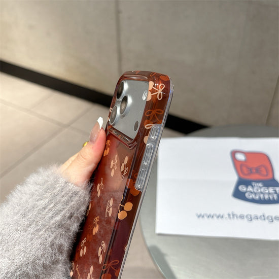 Cherry Print Bow Phone Case | Retro Brown Aesthetic Protective Cover