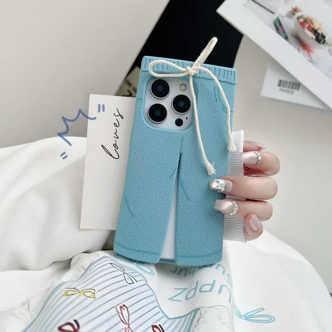 Trendy Blue Pants-Style Phone Case with Cute Drawstring Design