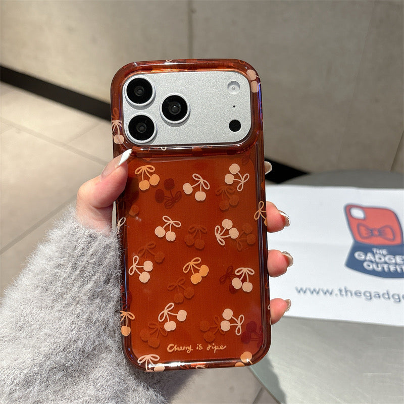Cherry Print Bow Phone Case | Retro Brown Aesthetic Protective Cover