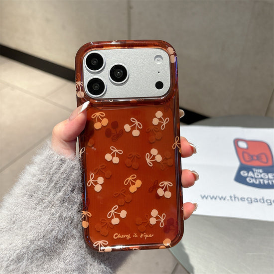 Cherry Print Bow Phone Case | Retro Brown Aesthetic Protective Cover