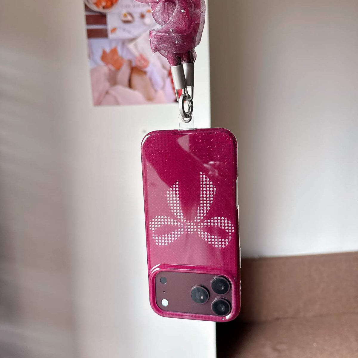 Pink Rhinestone Bow iPhone Case with Scrunchie Strap – Glamorous Aesthetic Phone Cover