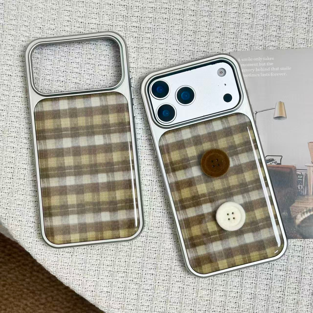 Cozy Vintage Plaid Button iPhone Case | Cute Korean Phone Cover