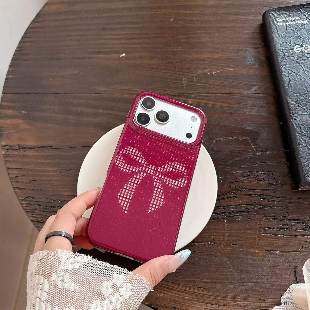 Pink Rhinestone Bow iPhone Case with Scrunchie Strap – Glamorous Aesthetic Phone Cover
