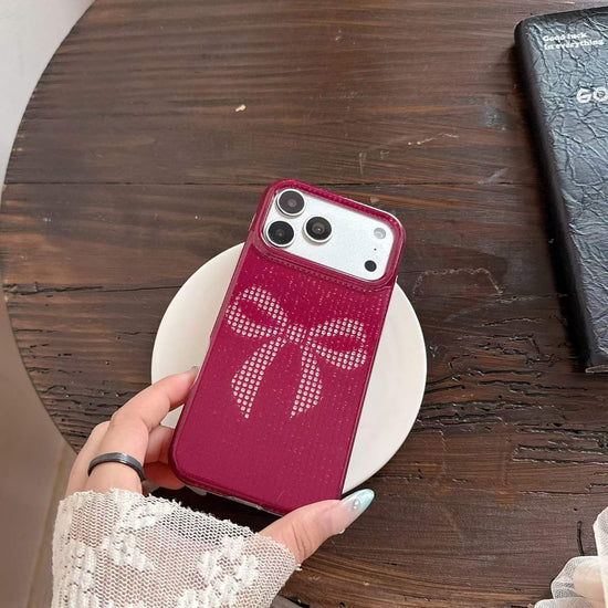 Pink Rhinestone Bow iPhone Case with Scrunchie Strap – Glamorous Aesthetic Phone Cover
