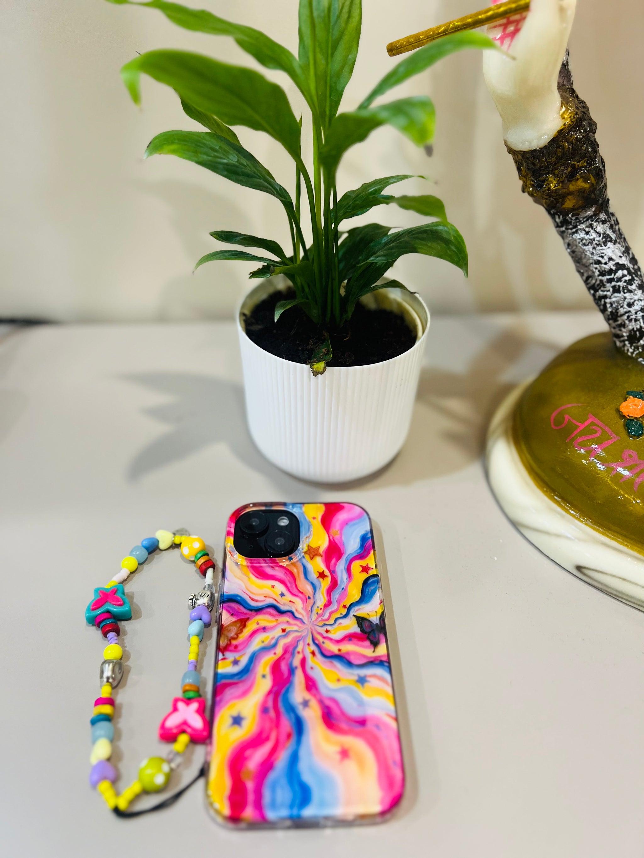 Psychedelic Rainbow Swirl Phone Case with Beaded Butterfly Charm 🌈🦋