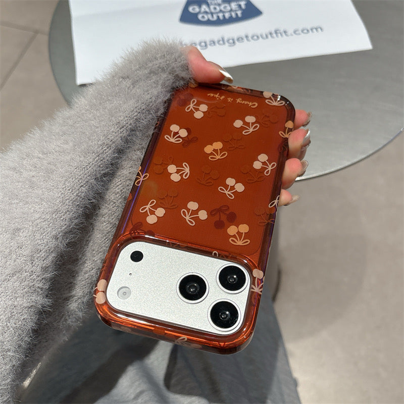 Cherry Print Bow Phone Case | Retro Brown Aesthetic Protective Cover