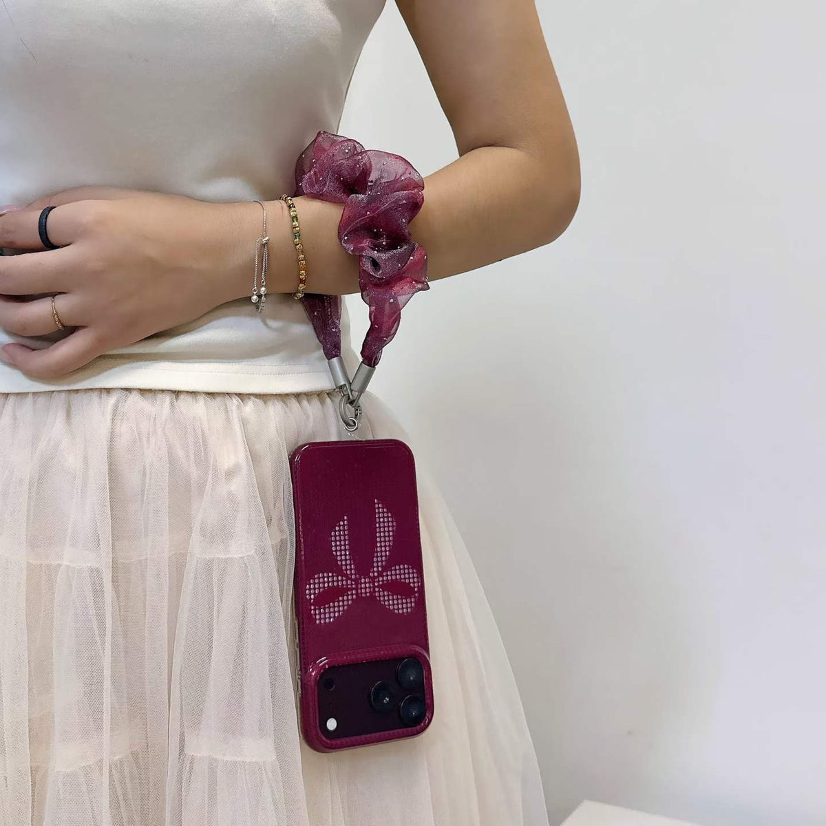 Pink Rhinestone Bow iPhone Case with Scrunchie Strap – Glamorous Aesthetic Phone Cover