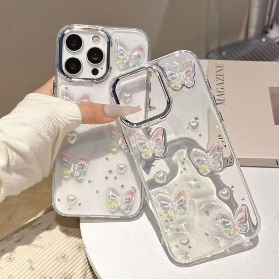 Cute Rainbow Butterfly Glitter Phone Case – Clear Shockproof Aesthetic Cover for iPhone
