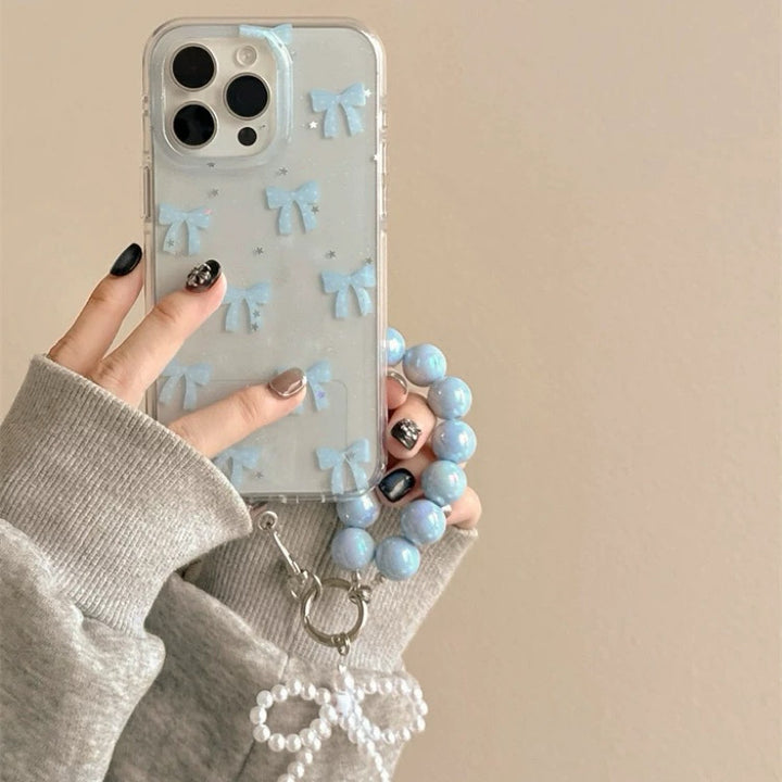 Clear Blue Bow Phone Case with Beaded Bracelet Strap – Cute & Protective Design