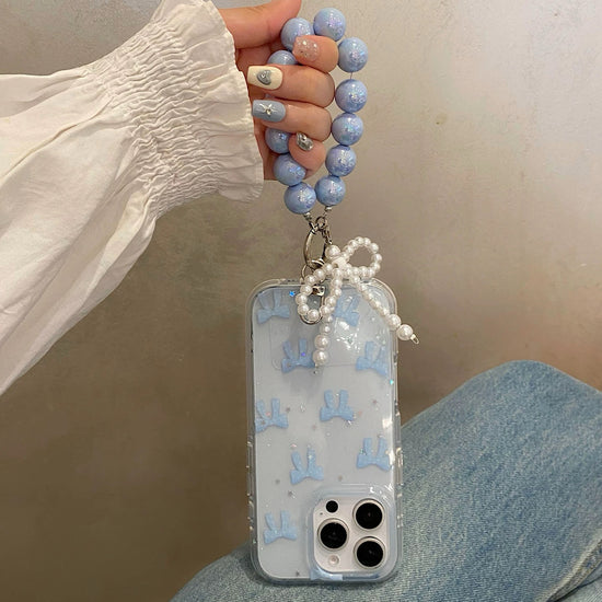 Clear Blue Bow Phone Case with Beaded Bracelet Strap – Cute & Protective Design