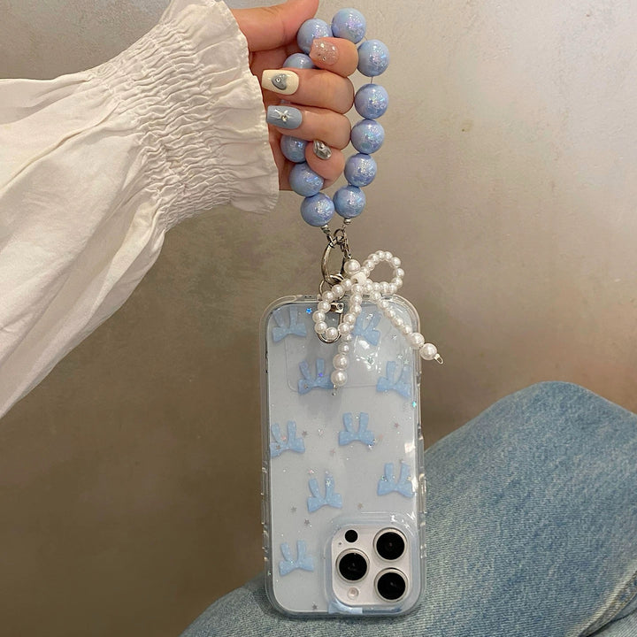 Clear Blue Bow Phone Case with Beaded Bracelet Strap – Cute & Protective Design