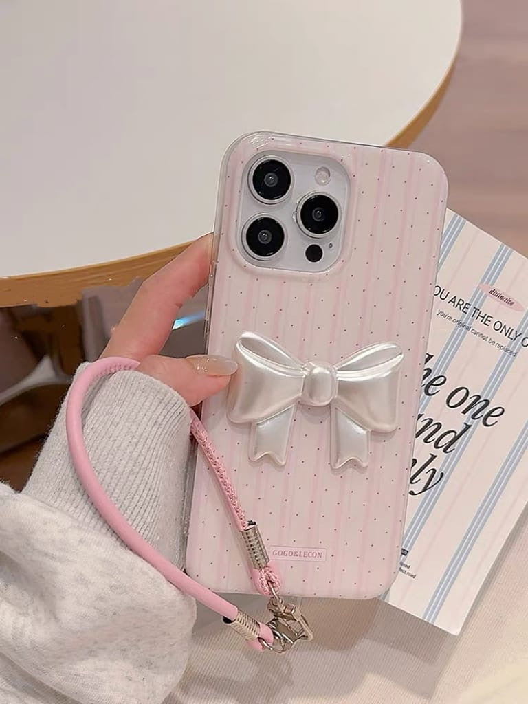 Pink Striped Phone Case with 3D White Bow & Wrist Strap – Cute & Protective Design