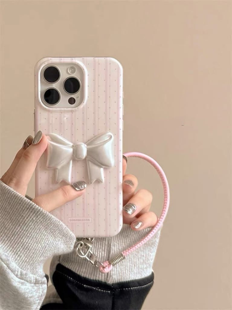 Pink Striped Phone Case with 3D White Bow & Wrist Strap – Cute & Protective Design