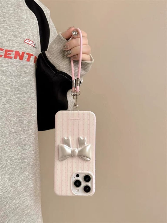 Pink Striped Phone Case with 3D White Bow & Wrist Strap – Cute & Protective Design