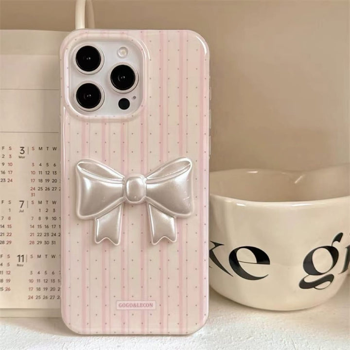 Pink Striped Phone Case with 3D White Bow & Wrist Strap – Cute & Protective Design