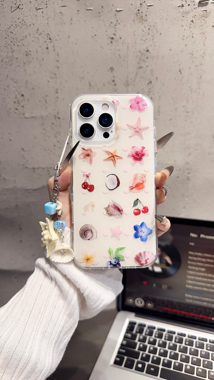 Floral & Seashell Transparent Phone Case with Charm – Protective & Stylish Cover for iPhone