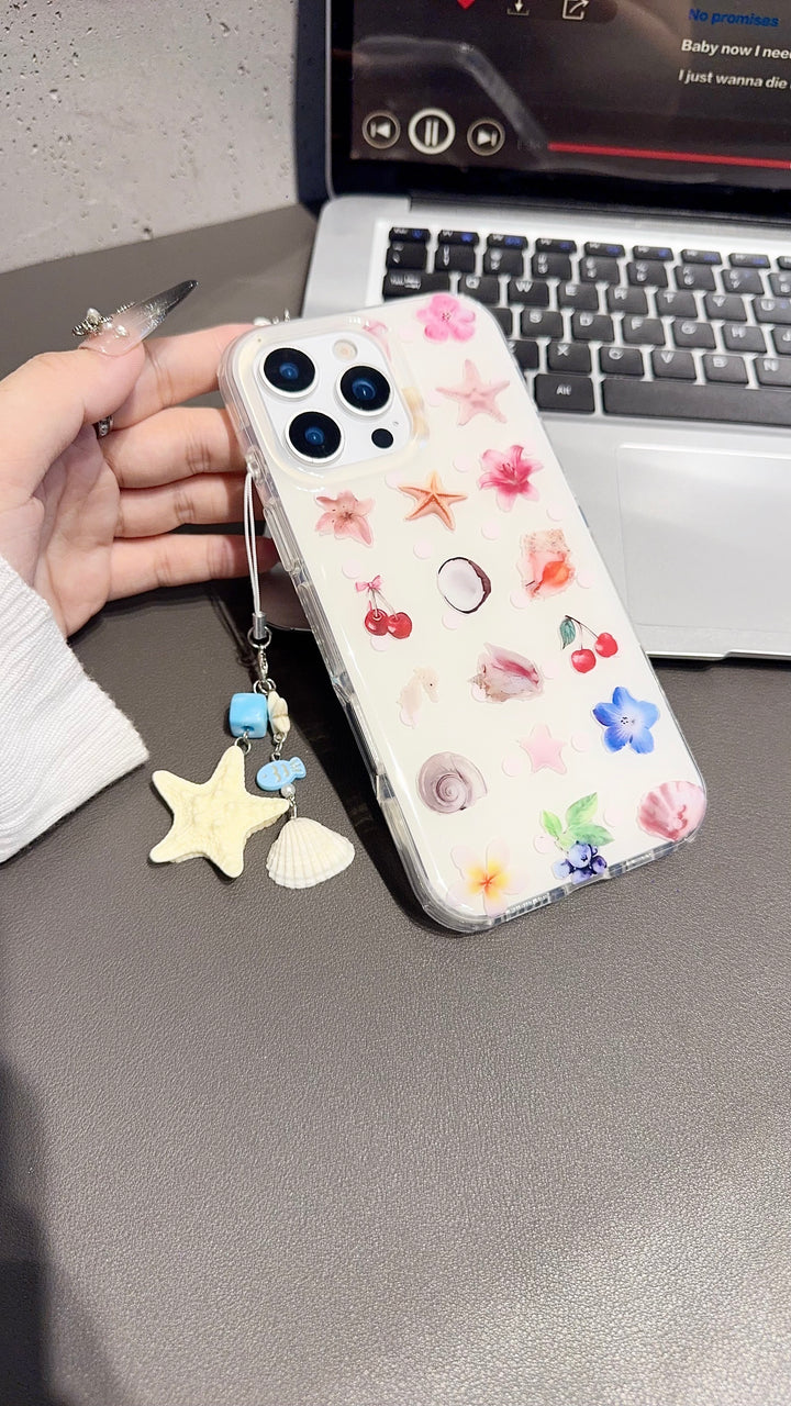 Floral & Seashell Transparent Phone Case with Charm – Protective & Stylish Cover for iPhone