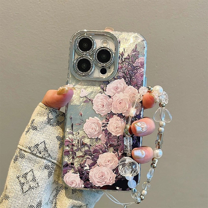 Elegant Floral iPhone Case with Hand Strap Chain – Shockproof, Stylish & Protective Cover
