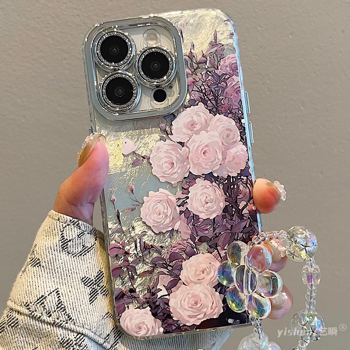 Elegant Floral iPhone Case with Hand Strap Chain – Shockproof, Stylish & Protective Cover