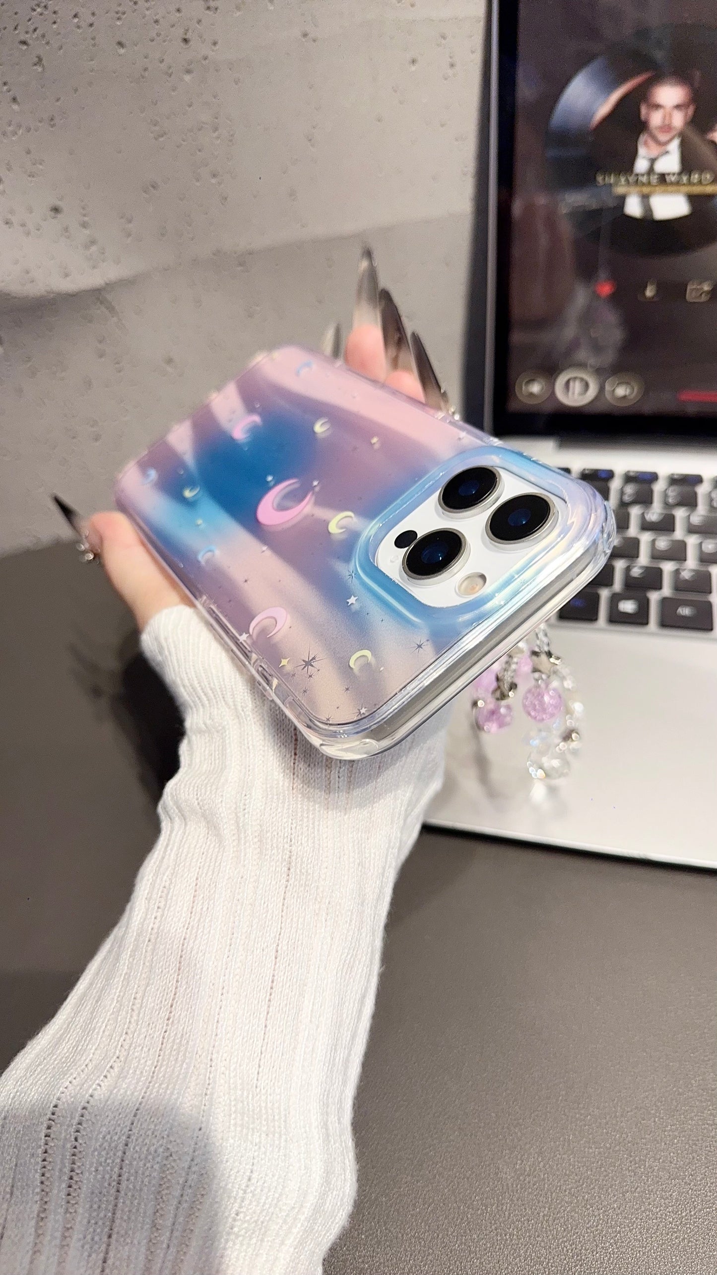 Holographic Moon & Stars iPhone Case with Beaded Wrist Strap – Pastel Gradient Cover