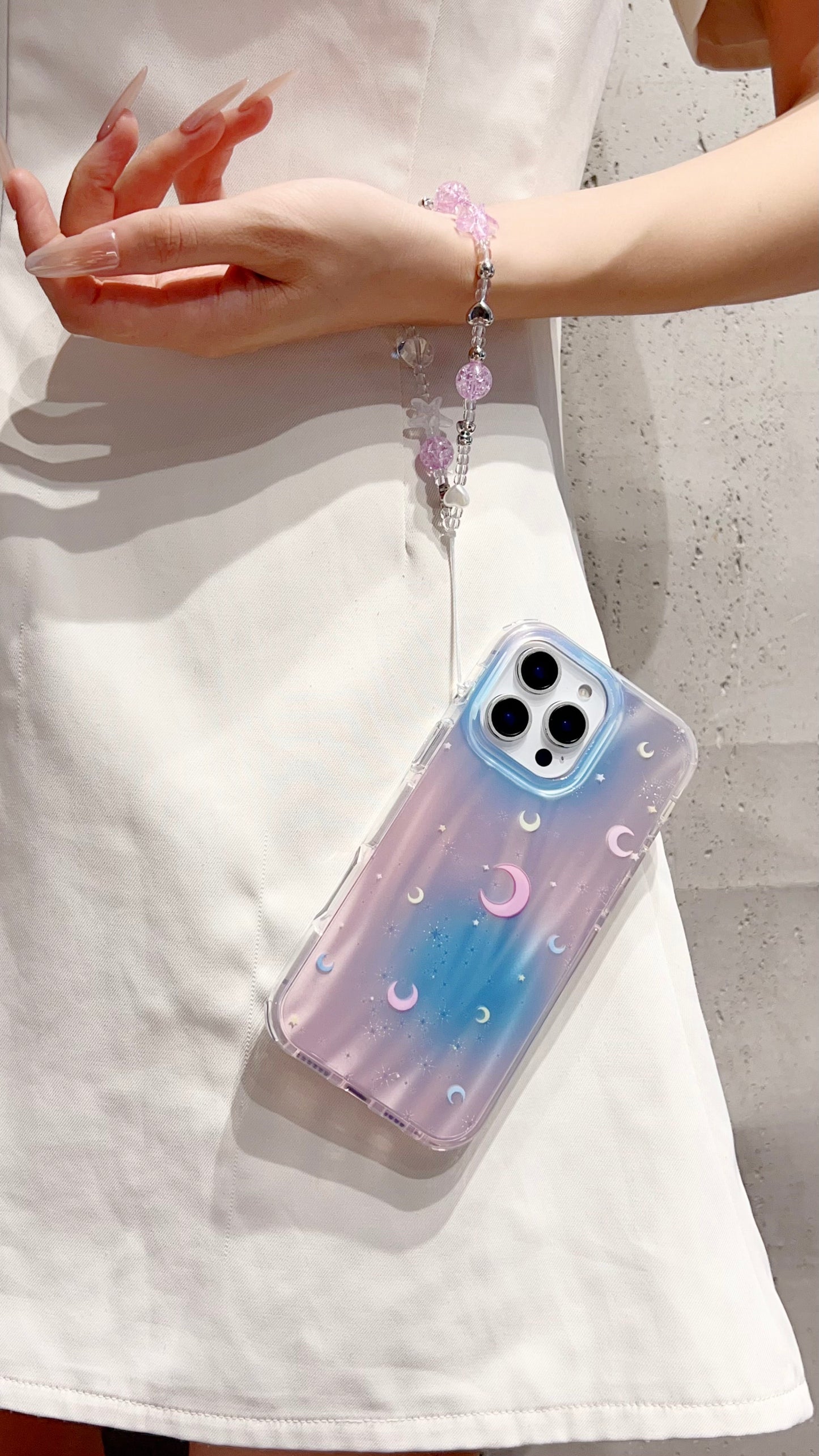 Holographic Moon & Stars iPhone Case with Beaded Wrist Strap – Pastel Gradient Cover