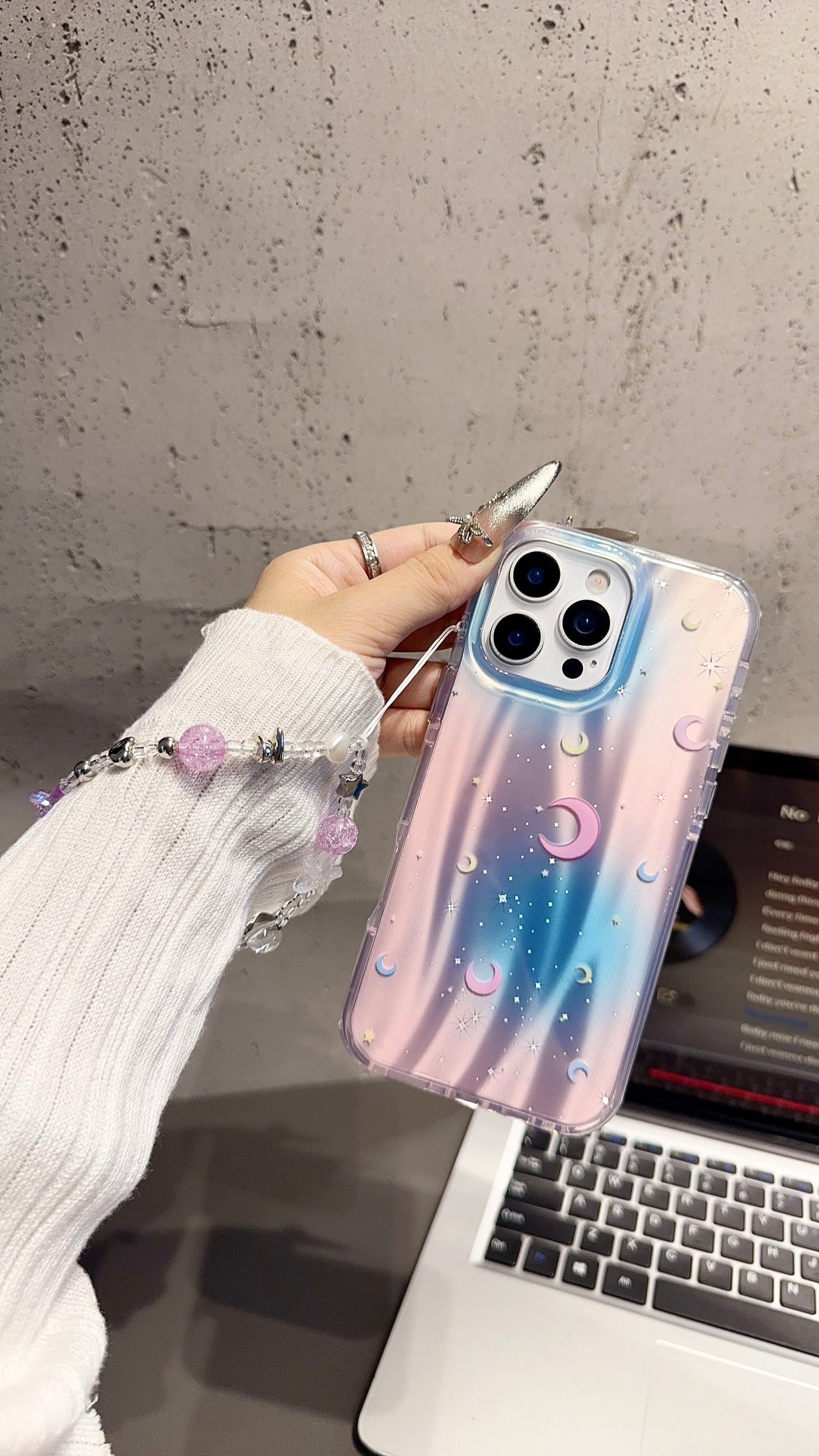 Holographic Moon & Stars iPhone Case with Beaded Wrist Strap – Pastel Gradient Cover