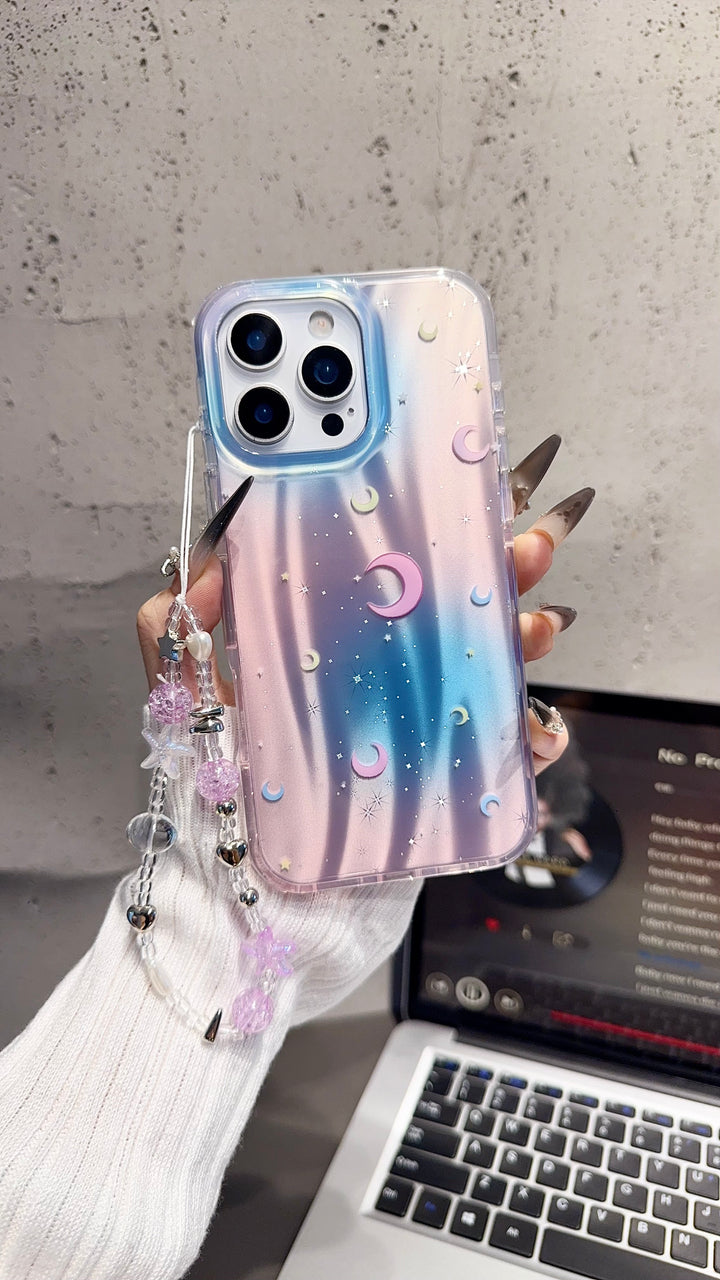 Holographic Moon & Stars iPhone Case with Beaded Wrist Strap – Pastel Gradient Cover