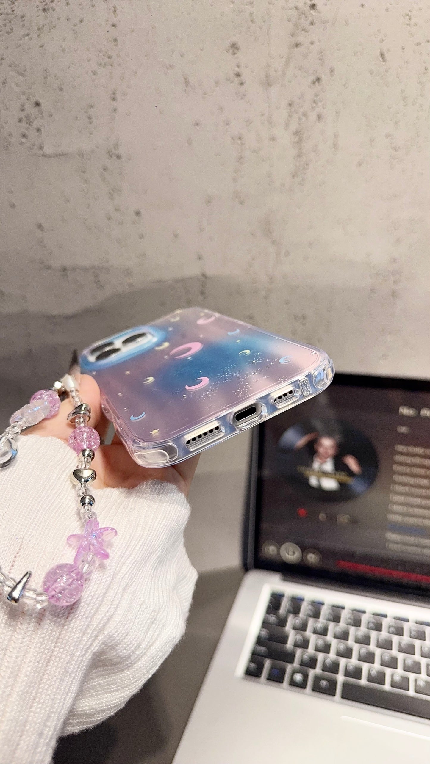 Holographic Moon & Stars iPhone Case with Beaded Wrist Strap – Pastel Gradient Cover