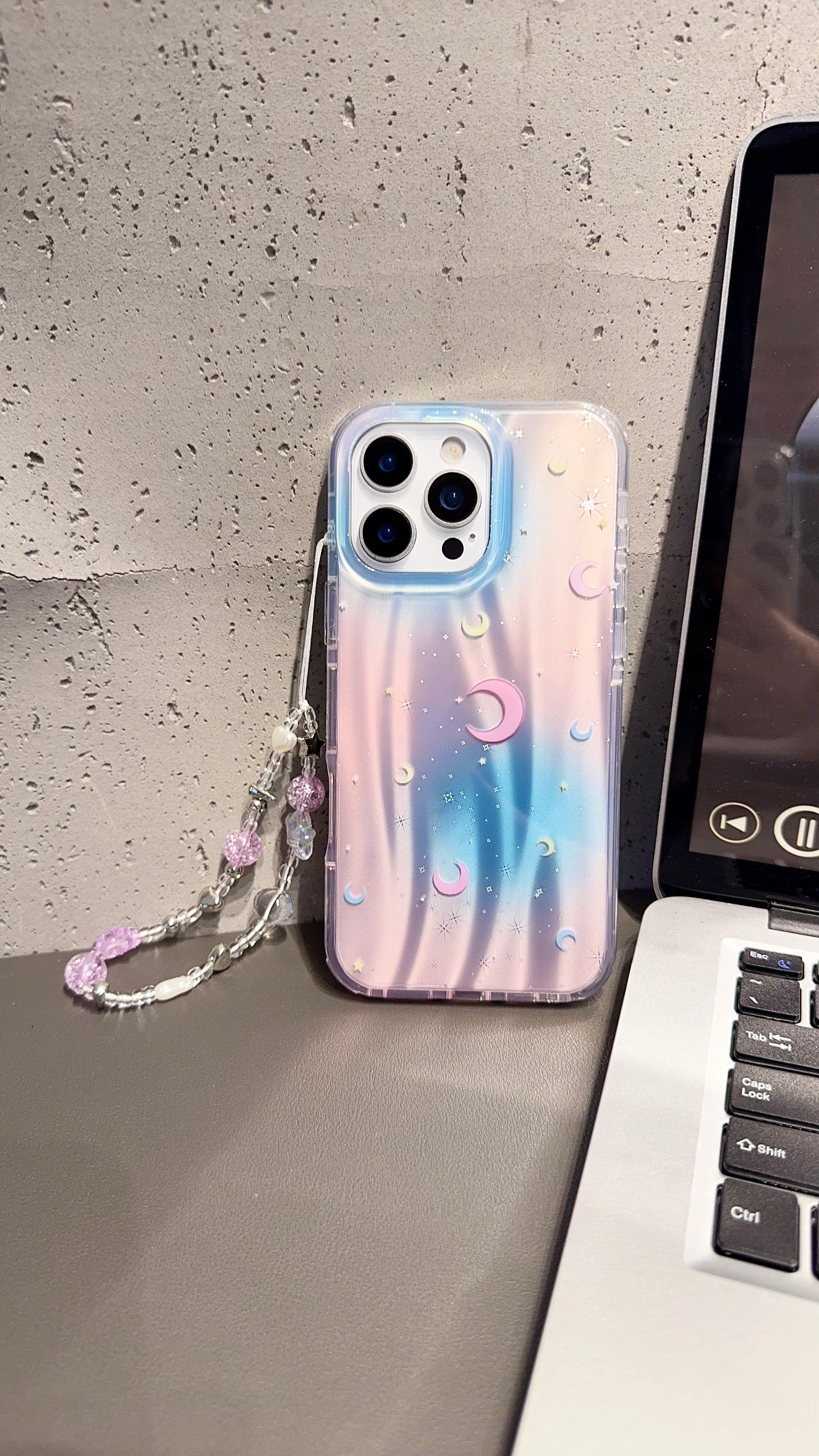 Holographic Moon & Stars iPhone Case with Beaded Wrist Strap – Pastel Gradient Cover