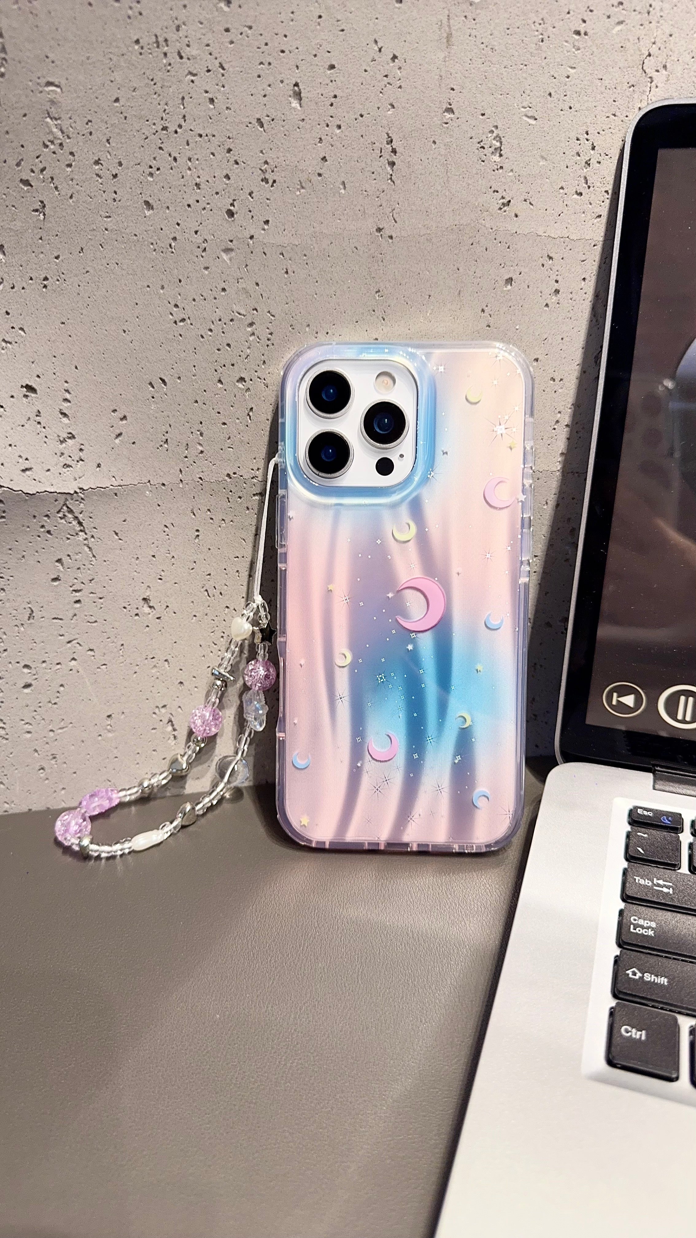 Holographic Moon & Stars iPhone Case with Beaded Wrist Strap – Pastel Gradient Cover