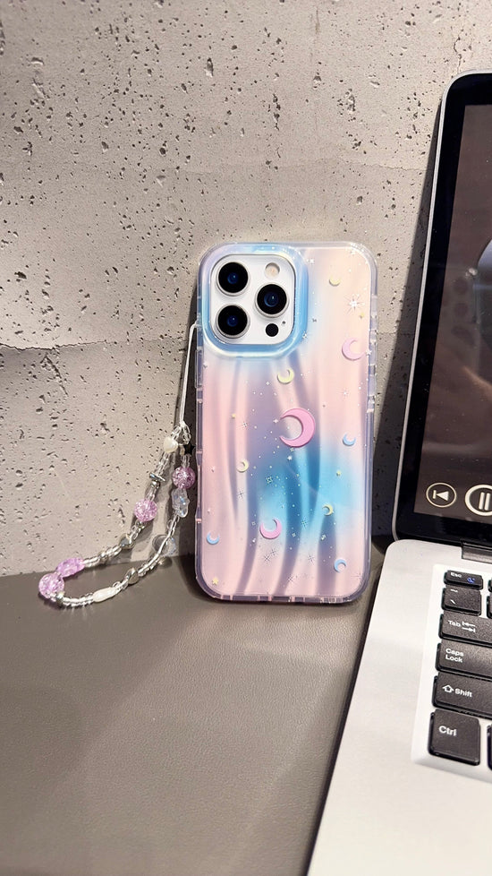 Holographic Moon & Stars iPhone Case with Beaded Wrist Strap – Pastel Gradient Cover