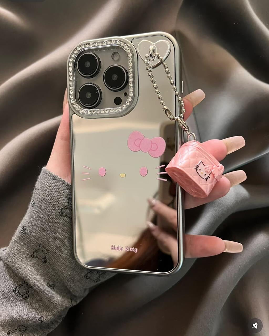 Hello Kitty Mirror iPhone Case with Pink Mini Bag Charm – Cute Glossy Reflective Cover for Girls