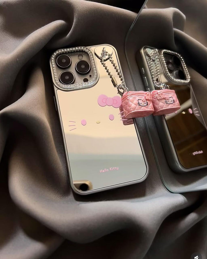 Hello Kitty Mirror iPhone Case with Pink Mini Bag Charm – Cute Glossy Reflective Cover for Girls