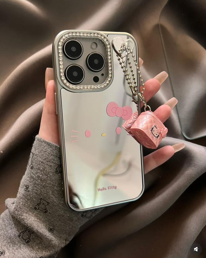 Hello Kitty Mirror iPhone Case with Pink Mini Bag Charm – Cute Glossy Reflective Cover for Girls