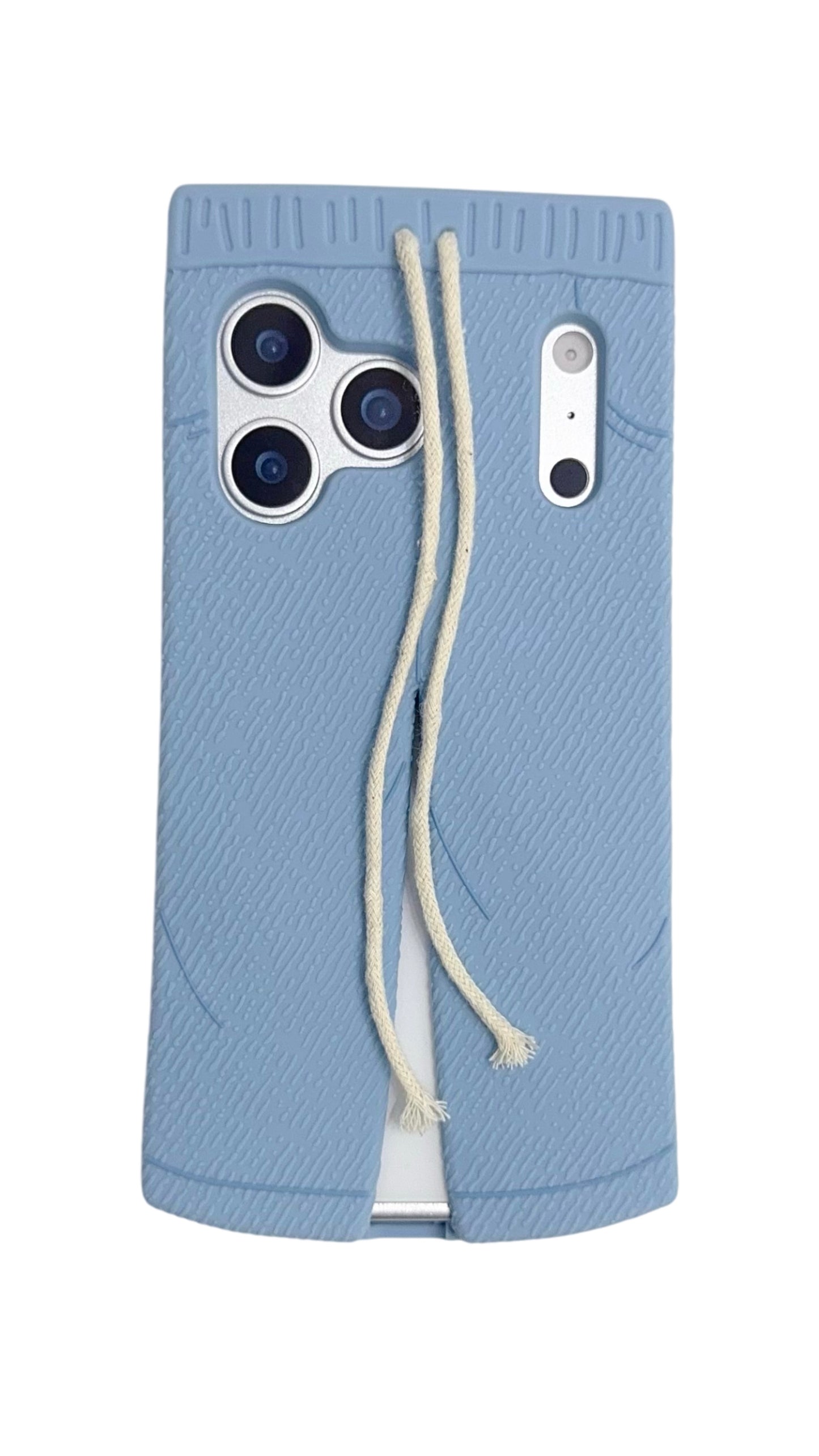 Trendy Blue Pants-Style Phone Case with Cute Drawstring Design