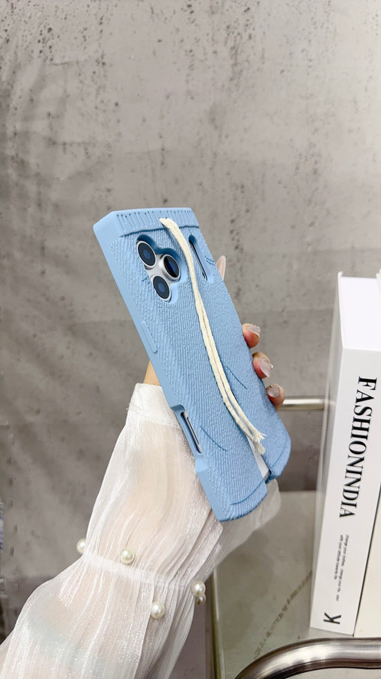 Trendy Blue Pants-Style Phone Case with Cute Drawstring Design
