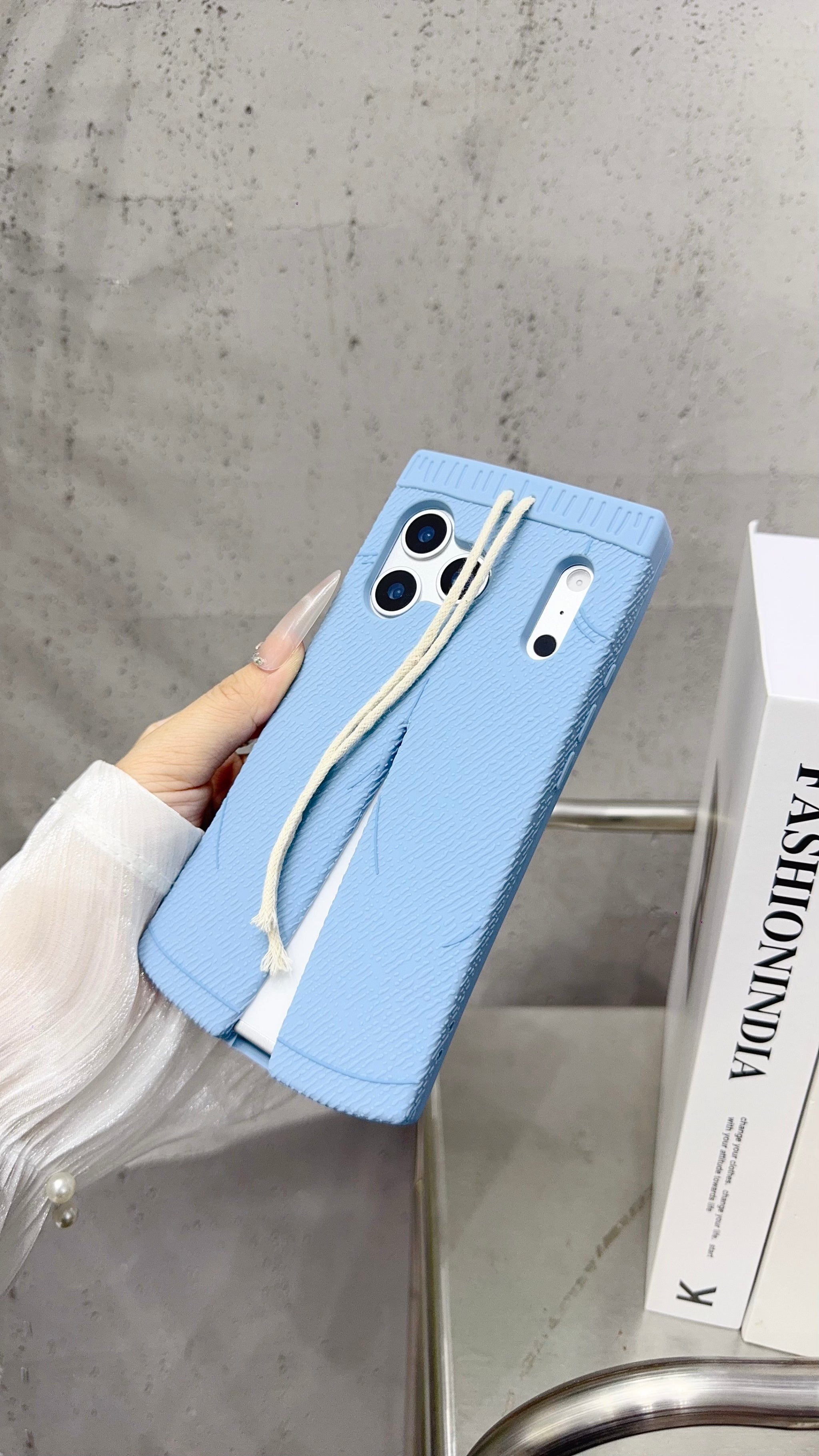 Trendy Blue Pants-Style Phone Case with Cute Drawstring Design