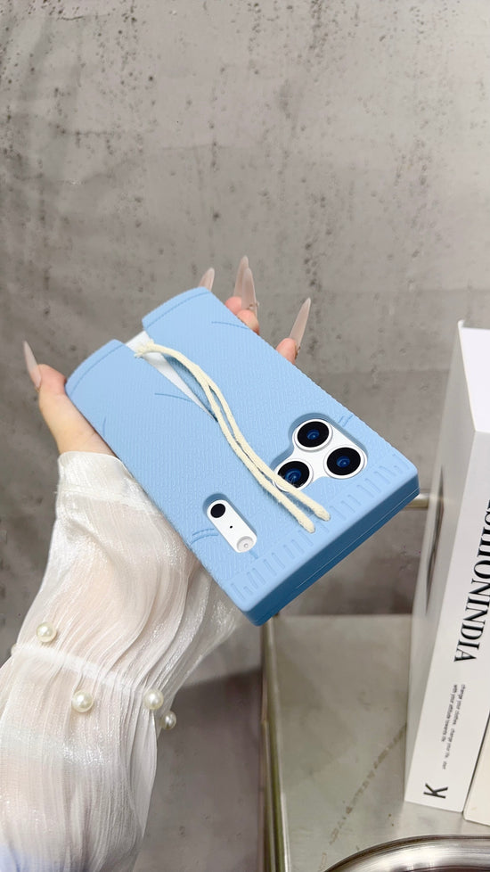 Trendy Blue Pants-Style Phone Case with Cute Drawstring Design